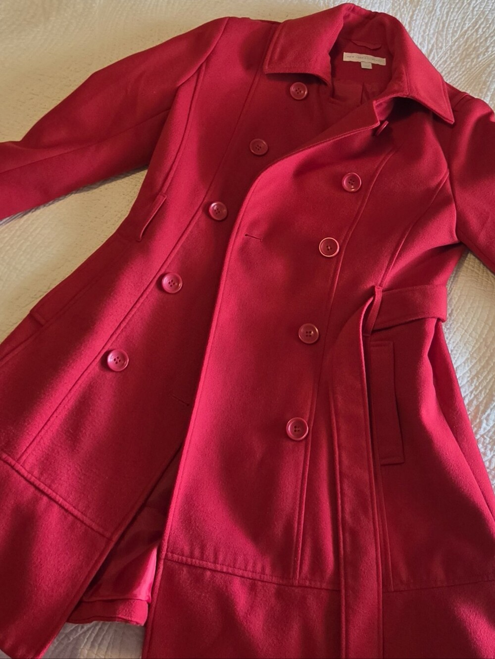 New York & Company Red Double-Breasted Belted Trench Coat, Size L